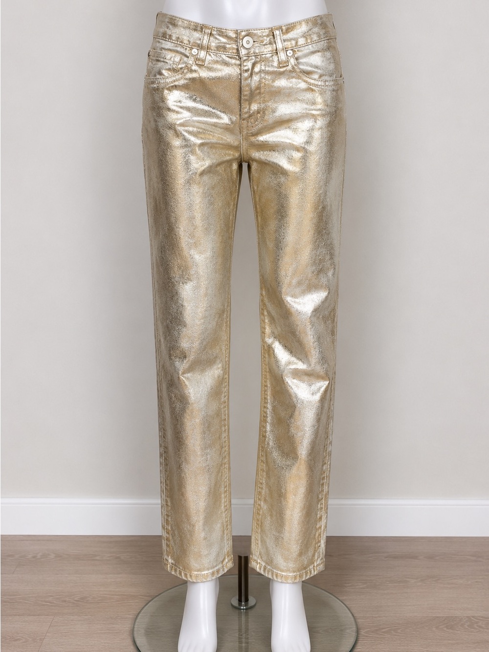 Queen Hearts Paris Metallic Gold Straight Leg Jeans Size S/36 Champagne Foil